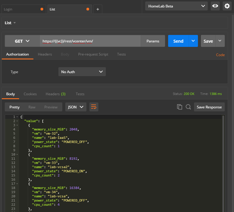 postman - list vms